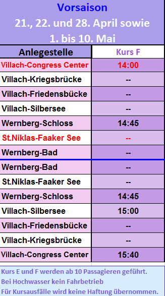 Fahrplan Drau Vorsaison