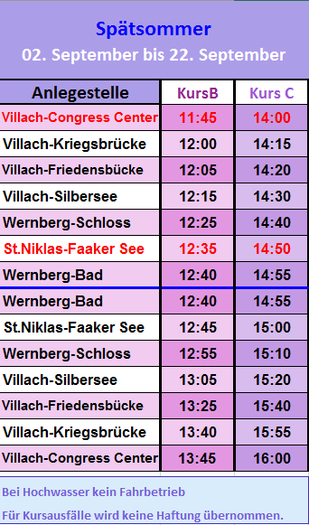 Fahrplan Drau Spätsommer